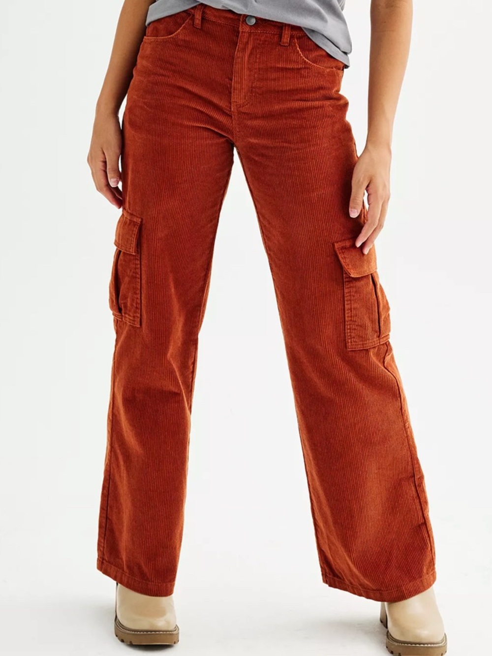 Tinseltown Rust Corduroy Cotton Low Rise Cargo Pants, Wide Legs Baggy 1 Juniors